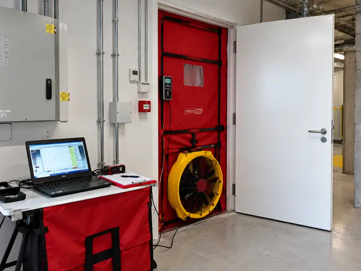 Prueba Door Fan Test en sala técnica con equipo de ventilación para evaluación de estanqueidad - Sefutec