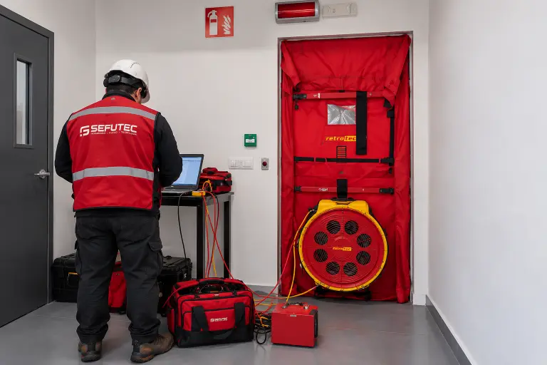 Técnico de Sefutec realizando una prueba Door Fan Test para evaluar la estanqueidad de un recinto